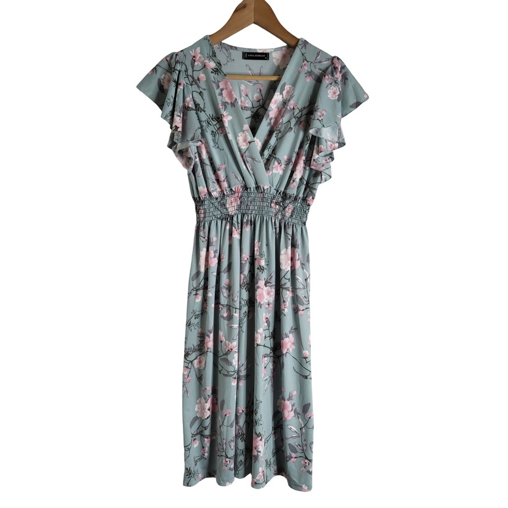 Anna Morgan Sage Floral Smocked Waist Flutter Sleeve Midi Dress M Fairycore